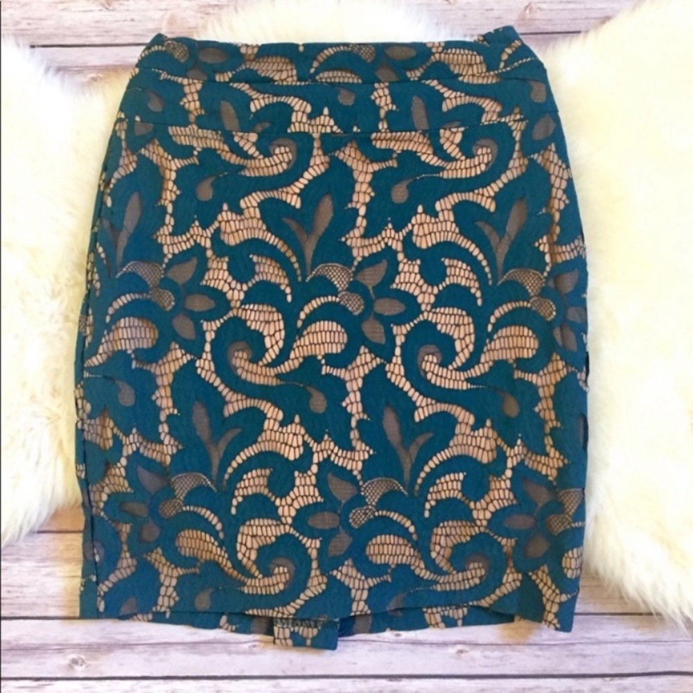Anthropologie Eva Franco Teal Lace Pencil Skirt - Picture 1 of 5